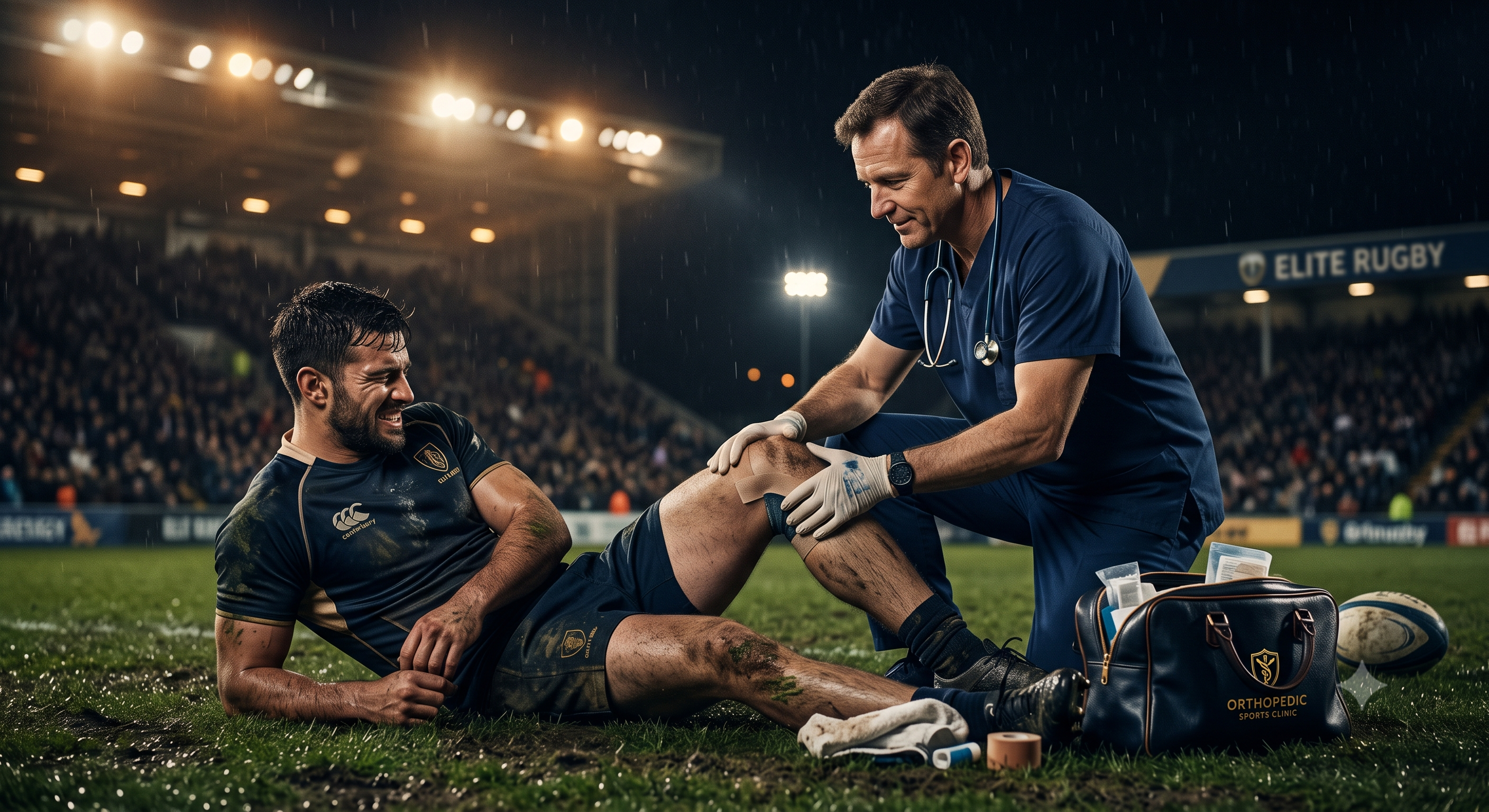 An orthopedic sports medicine specialist examining an athlete's knee pitch-side after an injury