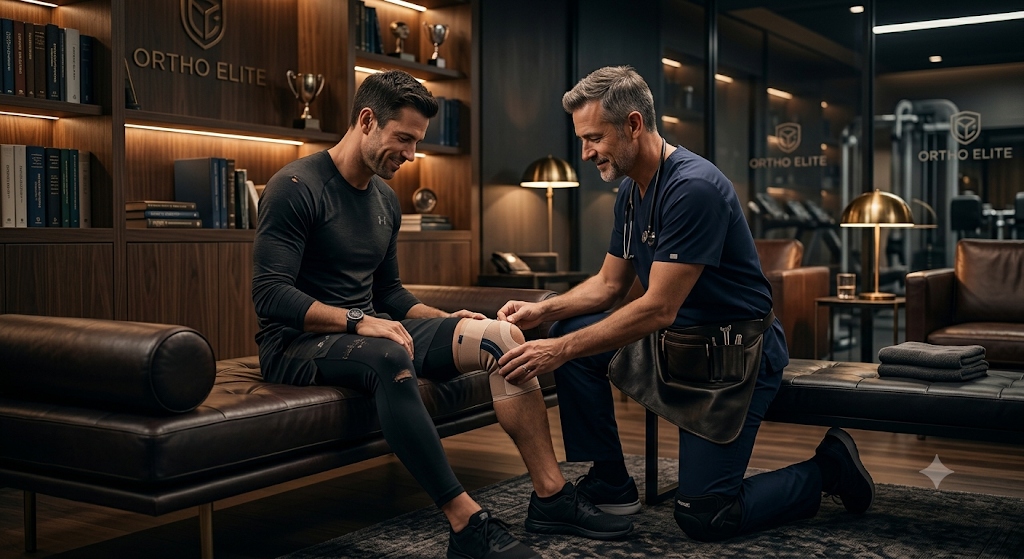 Sports injury specialist examining and treating athlete knee